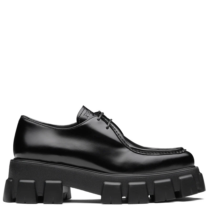 商品Prada|【预售3-7天】普拉达 21年秋冬 Monolith系列 女士黑色亮面皮革尖头系带乐福鞋1E719M_055_F0002_F_055,价格¥7830,第1张图片