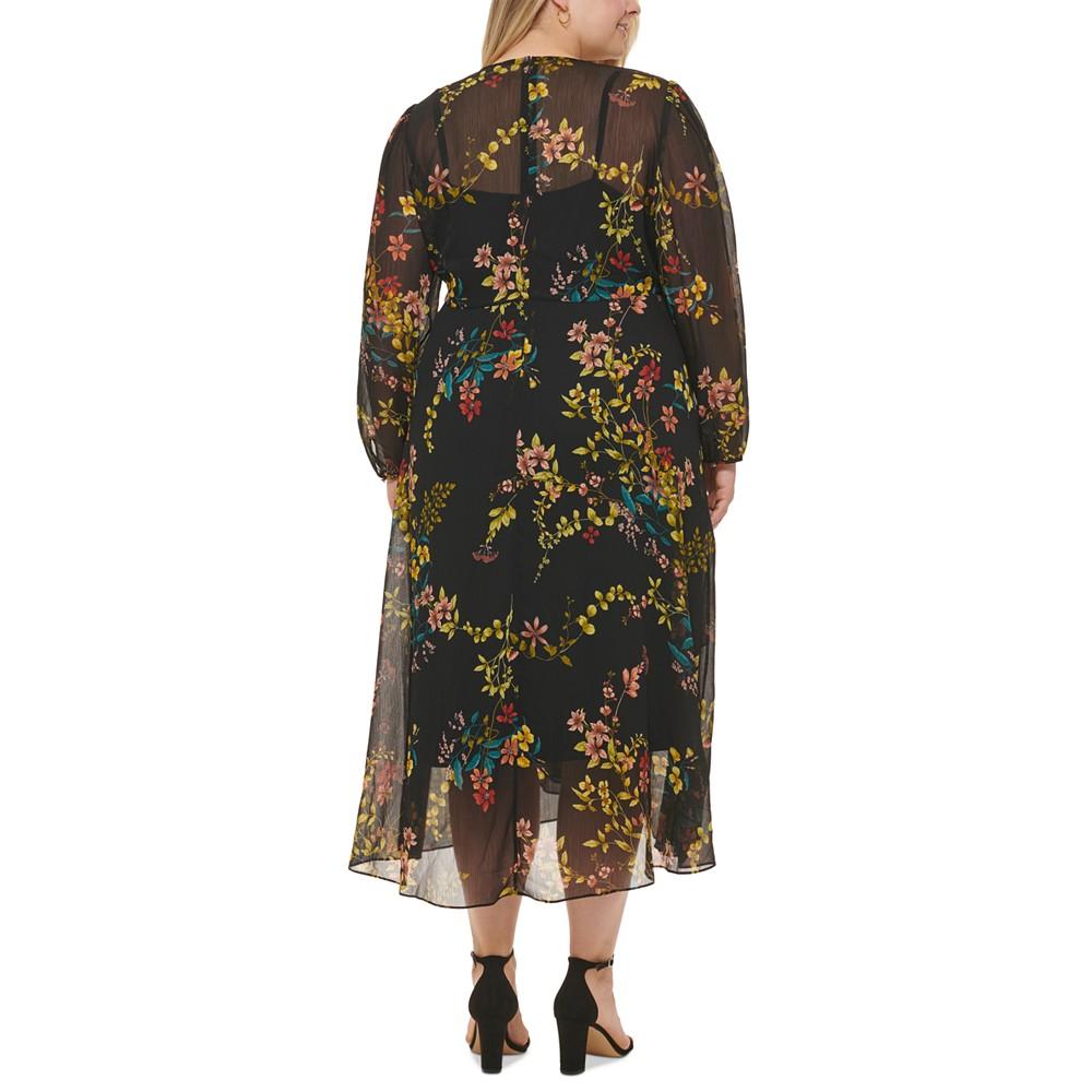 Plus Size Zelda Floral-Print Long-Sleeve Midi Dress商品第2张图片规格展示