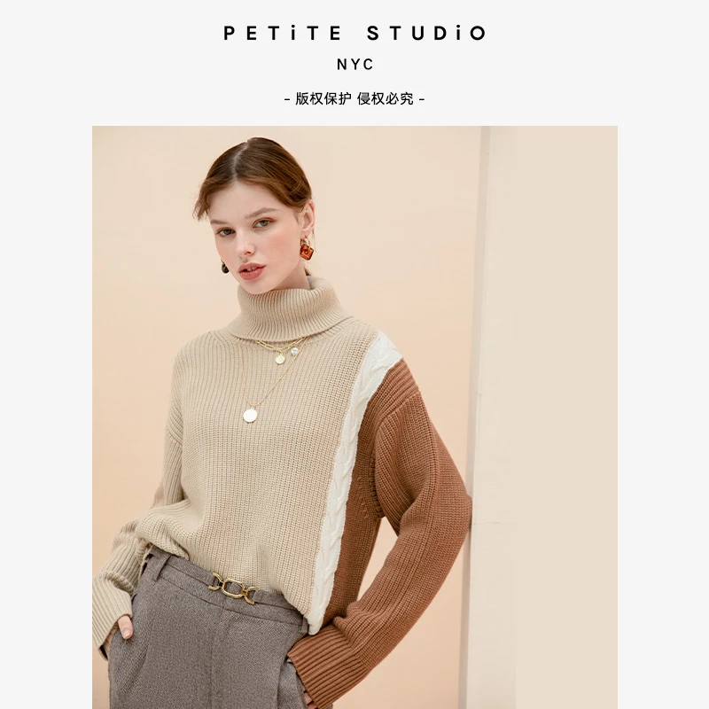 商品[国内直发] Petite Studio NYC|Hudson驼棕拼接慵懒复古高领羊毛毛衣 | Hudson Wool Sweater - Brown & Camel,价格¥474,第1张图片