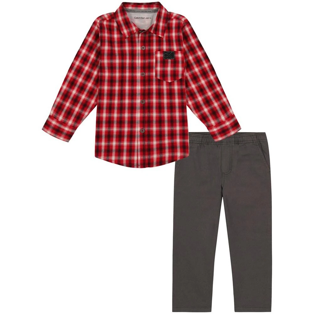 商品Calvin Klein|Little Boys Plaid Long Sleeve Button Front Shirt and Prewashed Twill Pants, 2 Piece Set,价格¥437,第1张图片