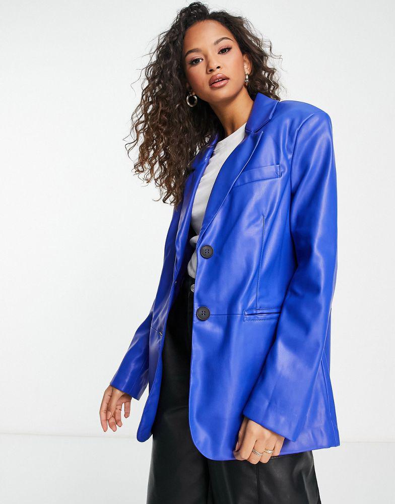 Bershka oversized faux leather blazer in blue商品第1张图片规格展示
