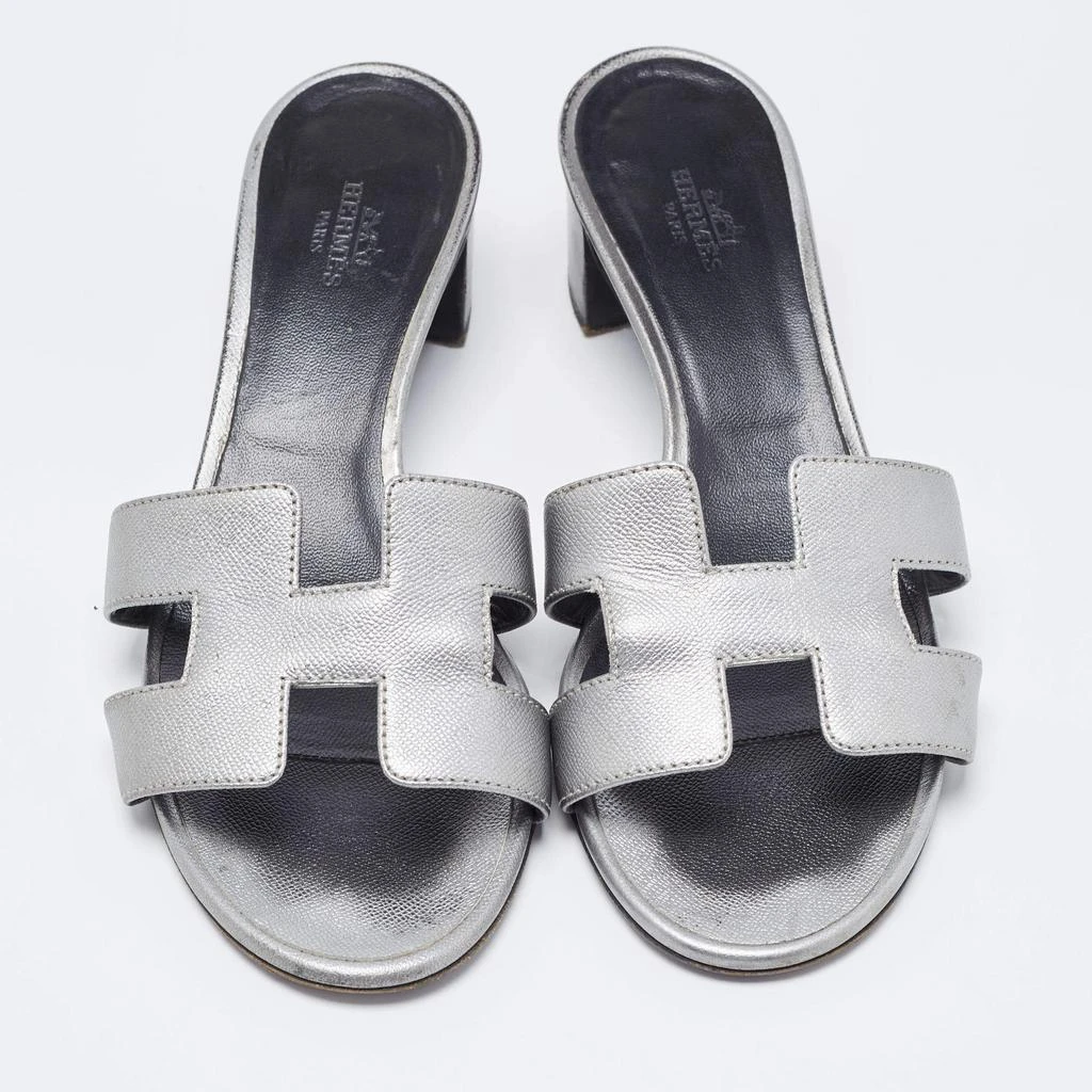 商品[二手商品] Hermes|Hermes Sliver Leather Oasis Block Heel Slide Sandals Size 37,价格¥3831,第3张图片详细描述