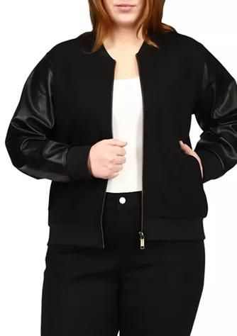 Plus Size Leather Ponte Bomber Jacket商品第1张图片规格展示