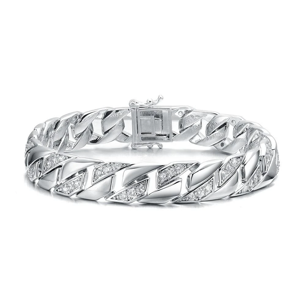 商品Genevive|Men's Sterling Silver White Gold Plated with Iced Out Cubic Zirconia Braided Cuban Chain Bracelet,价格¥1530,第1张图片