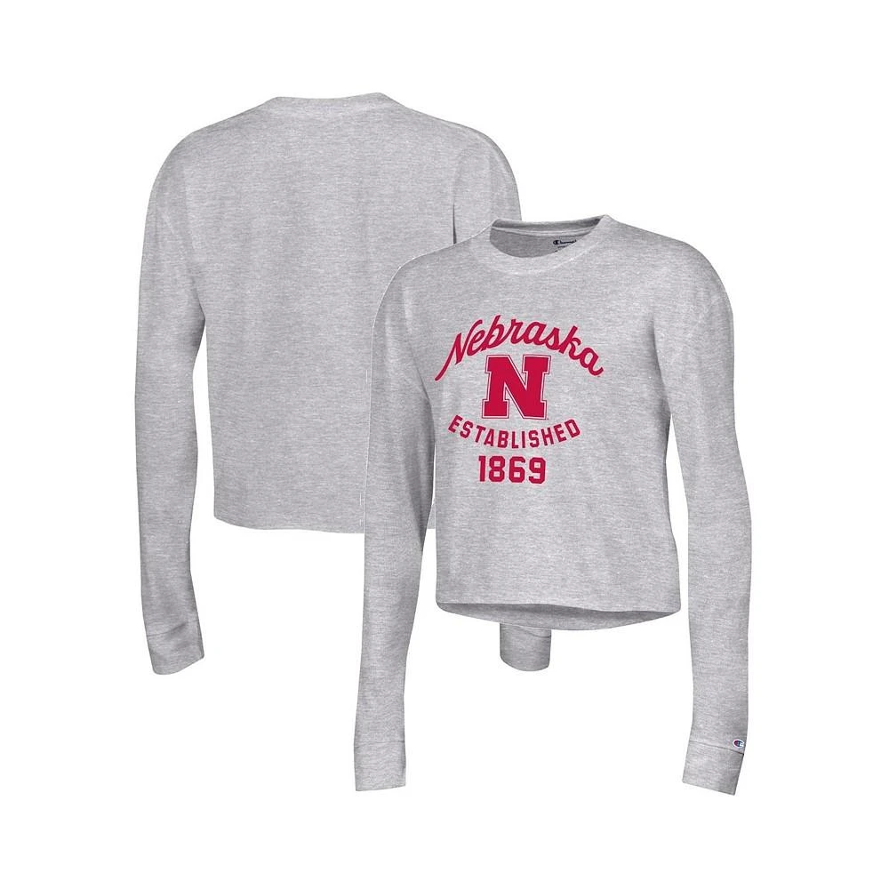 商品CHAMPION|Women's Gray Nebraska Huskers Boyfriend Cropped Long Sleeve T-shirt,价格¥262,第1张图片