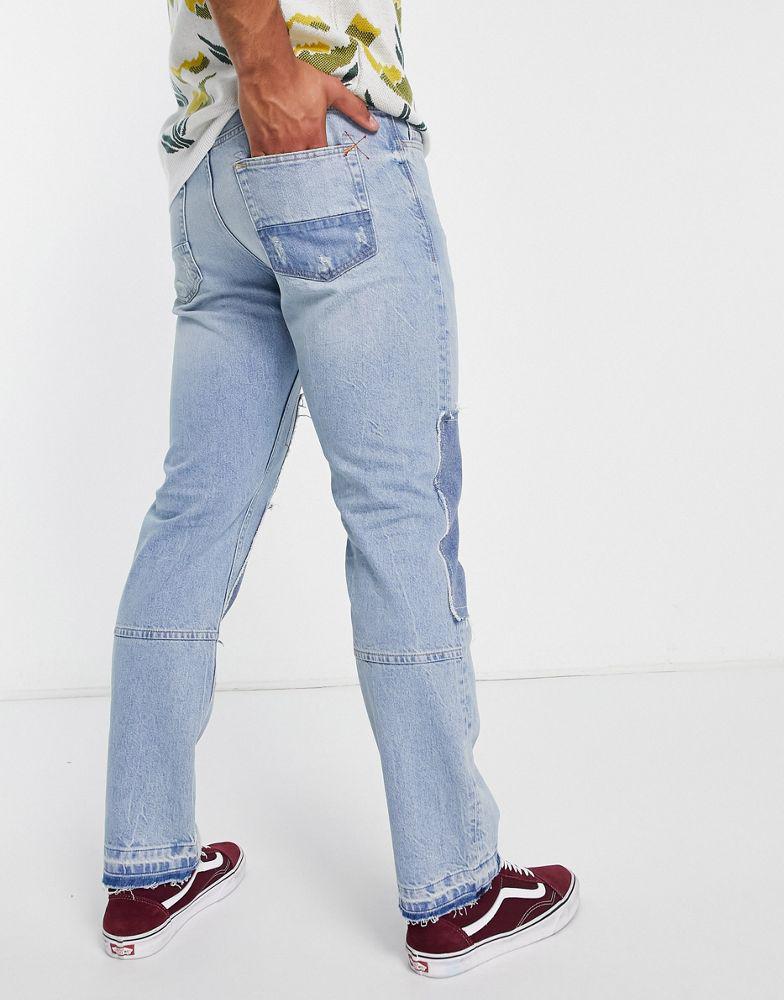 Topman straight patchwork jeans in mid wash  blue商品第3张图片规格展示