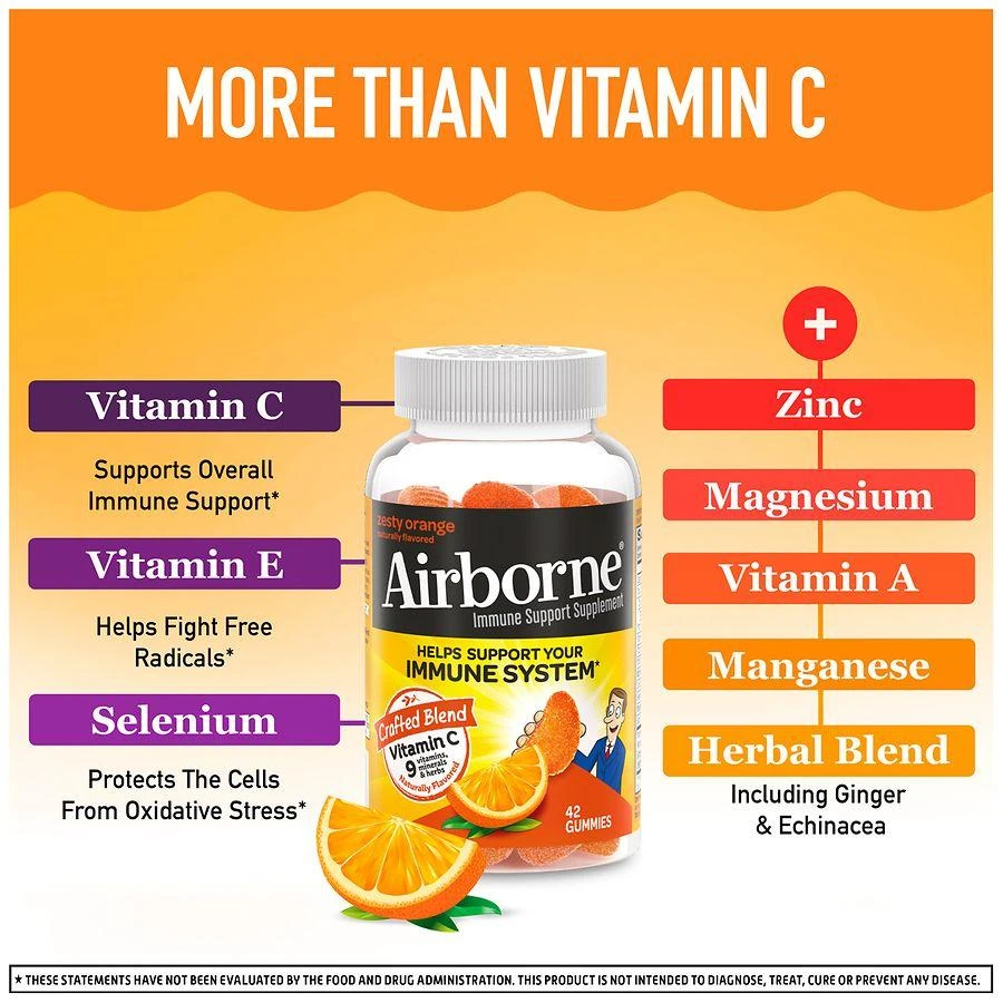 商品Airborne|Vitamin C, E, Zinc, Minerals & Herbs Immune Support Supplement Gummies Orange,价格¥160,第3张图片详细描述