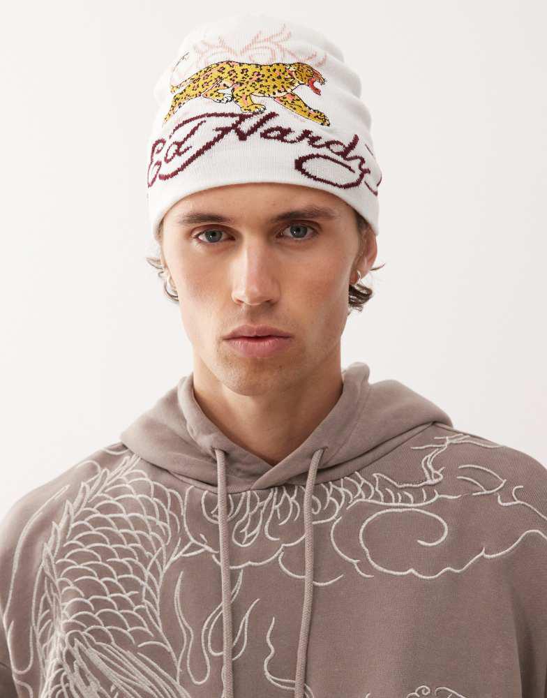 Ed Hardy Ed Hardy leopard logo beanie hat in beige - Hats  display picture 1