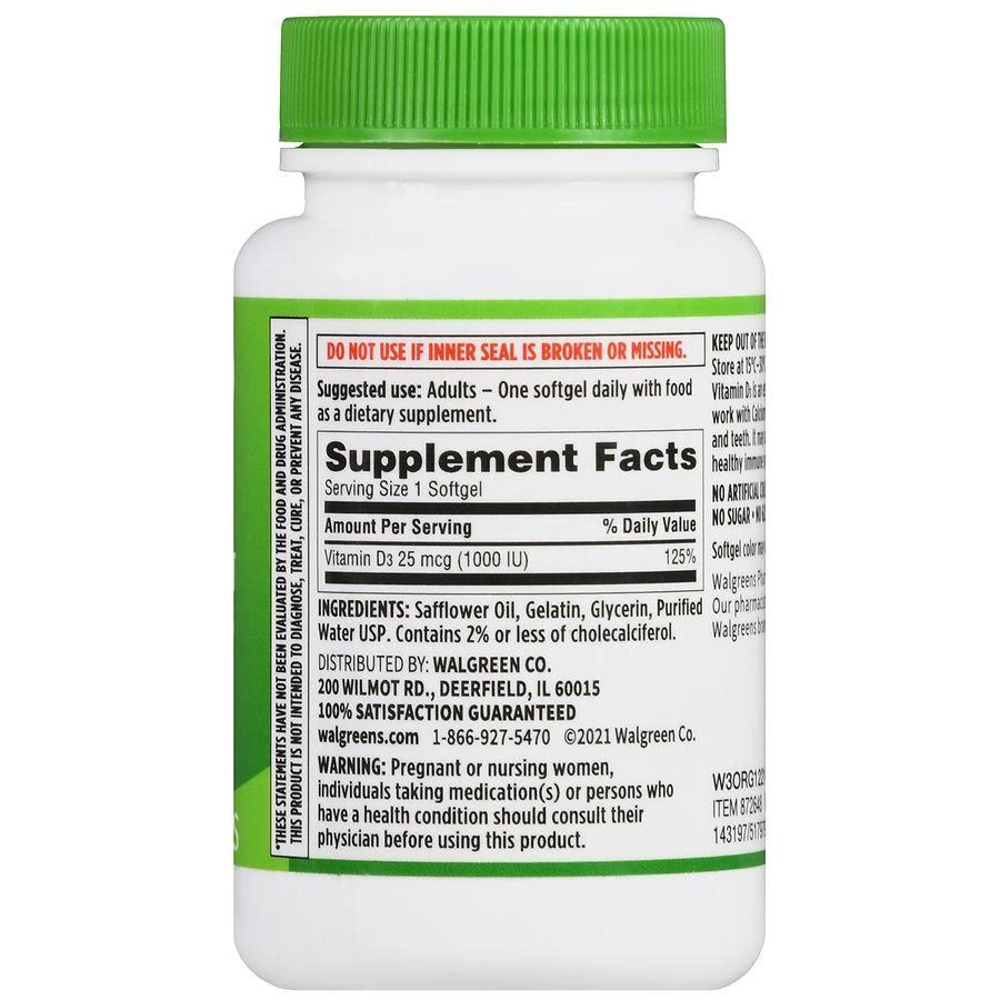 商品Walgreens|Vitamin D3 25 mcg Softgels (100 days),价格¥76,第3张图片详细描述