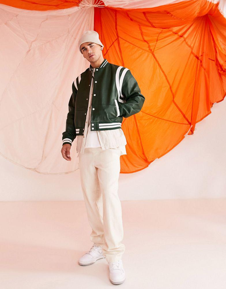 ASOS DESIGN leather varsity bomber jacket in green商品第4张图片规格展示
