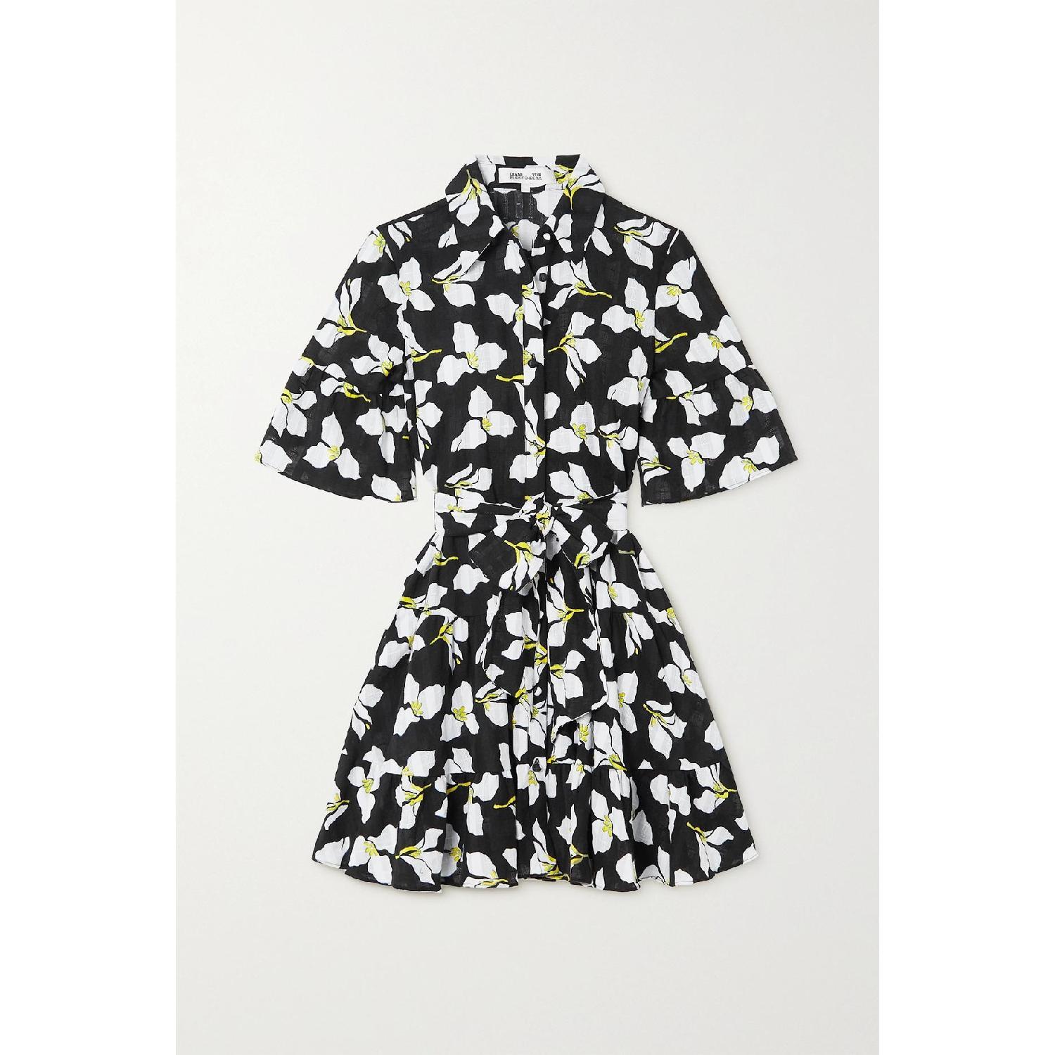 商品Diane von Furstenberg|包邮包税【预售7天发货】 DIANE VON FURSTENBERG 23秋冬 女士 连衣裙 Beata 配腰带荷叶边花卉印花纯棉薄纱迷你连衣裙 1647597303930866 DVFDS1R007GFLBK ,价格¥4587,第1张图片