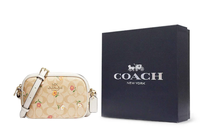 商品[国内直�发] Coach|蔻驰 Jamie 19 经典老花拉链开合花卉印花 涂层帆布拼皮革 相机包单肩斜挎包 迷你 女款 浅卡其色,价格¥1454,第6张图片详细描述