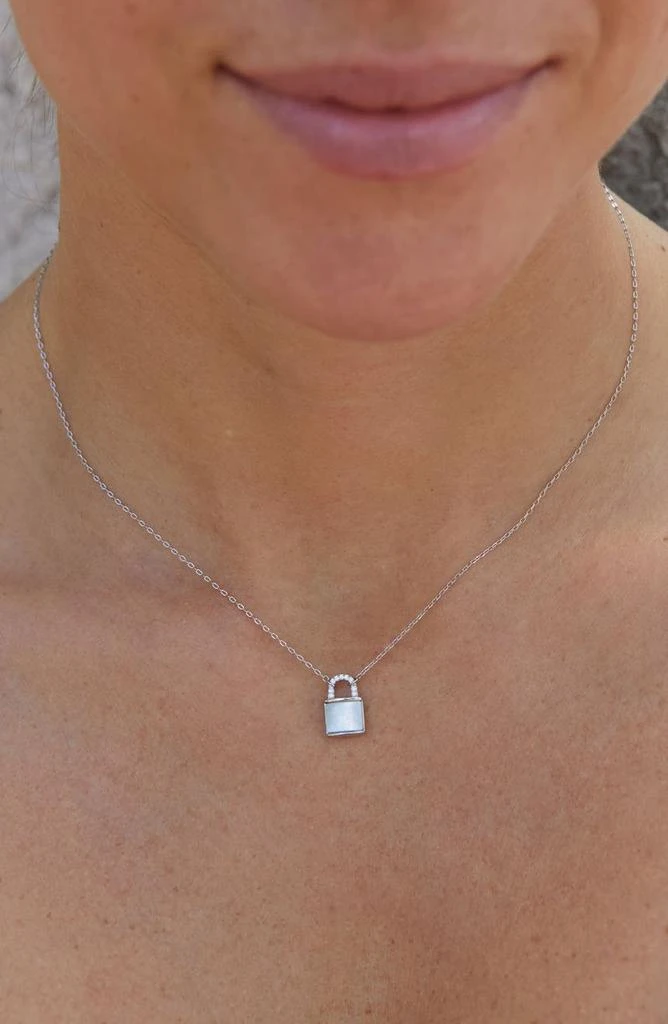 商品Savvy Cie Jewels|Sterling Silver CZ Mother of Pearl Padlock Pendant Necklace,价格¥227,第2张图片详细描述