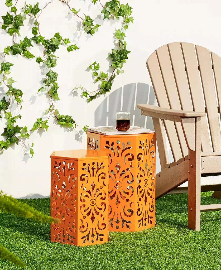 Multi-Functional Set of 2 Orange  Cutout Floral Hexagonal Garden Stools or Planter Stand 商品