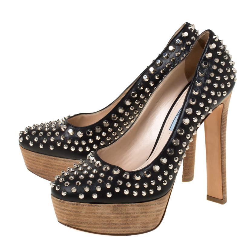 Prada Black Studded Leather Platform Pumps Size 38商品第4张图片规格展示