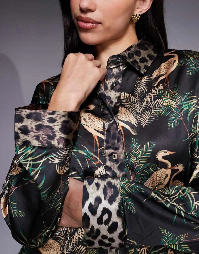 商品River Island|River Island satin bird print pyjama set in black,价格¥428,第4张图片详细描述