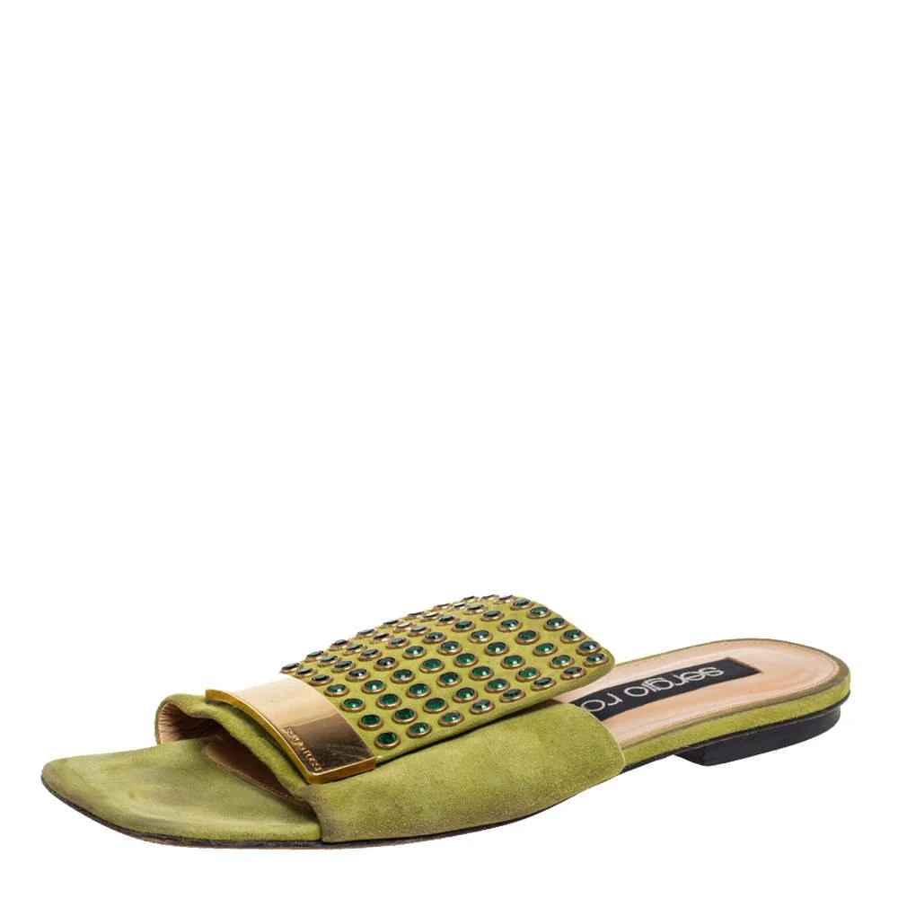 商品[二手商品] Sergio Rossi|Sergio Rossi Green Suede Studded Flat Slides Size 36.5,价格¥1032,第1张图片