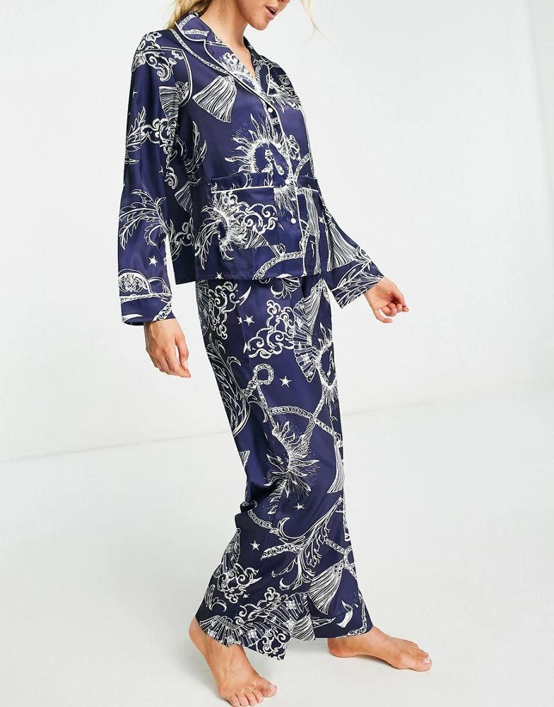 商品ASOS|ASOS DESIGN satin celestial baroque shirt & trouser pyjama set in navy & cream,价格¥216,第1张图片