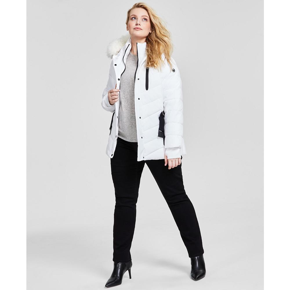 Women's Plus Size Faux-Fur-Trim Hooded Puffer Coat, Created for Macy's商品第4张图片规格展示