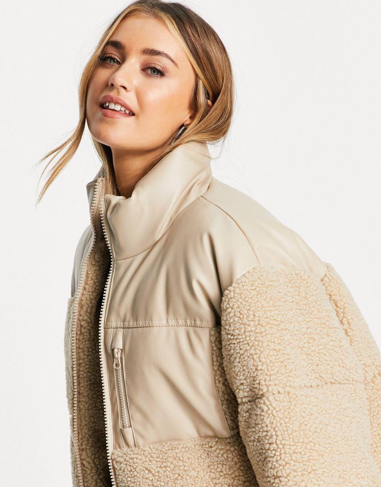 商品ASOS|ASOS DESIGN faux leather patched fleece puffer jacket in stone,价格¥330,第4张图片详细描述