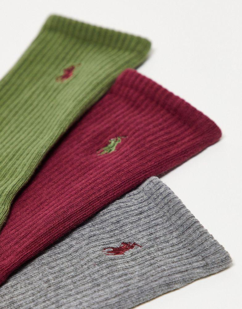 Polo Ralph Lauren 3 pack mercerized cotton socks in burgundy, grey and green with logo商品第2张图片规格展示