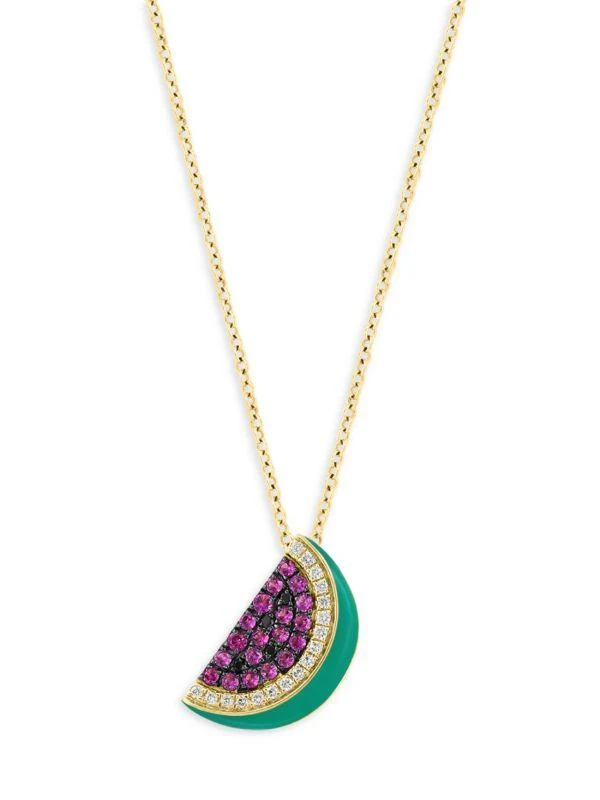 商品Effy|14K Yellow Gold, Sapphire, Diamond & Enamel Watermelon Pendant Necklace,价格¥4609,第1张图片
