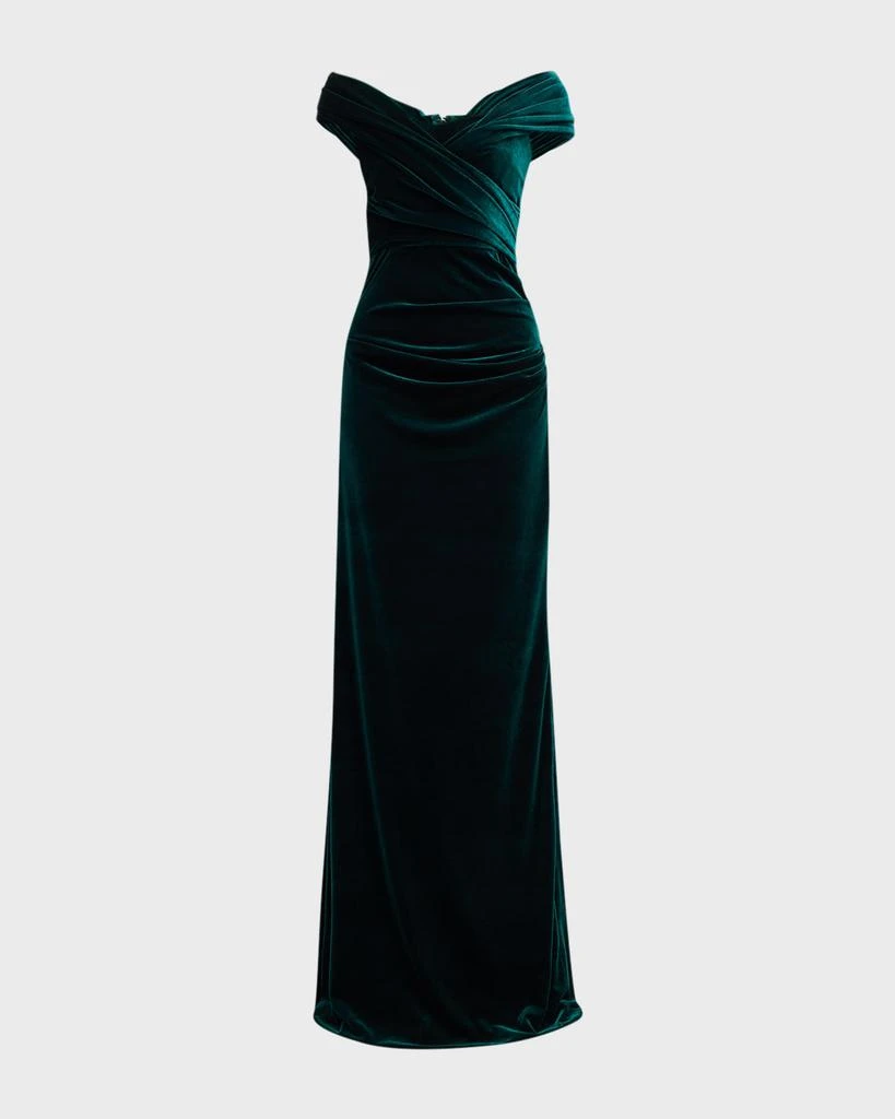商品Teri Jon|Ruched Off-Shoulder Velvet Column Gown,价格¥2445,第2张图片详细描述