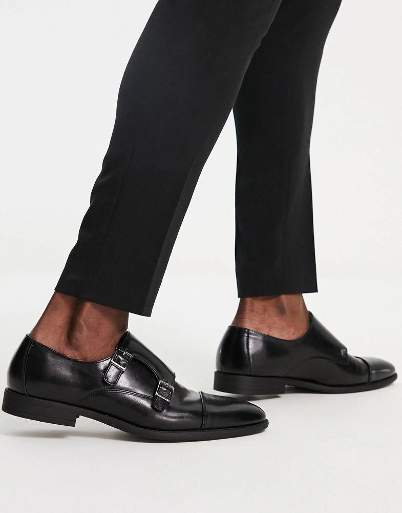 商品ASOS|ASOS DESIGN monk shoes in black faux leather with emboss panel,价格¥266,第1张图片
