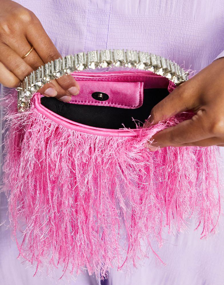 ASOS DESIGN clutch bag in feather with diamante top handle in pink with detachable cross body strap商品第2张图片规格展示