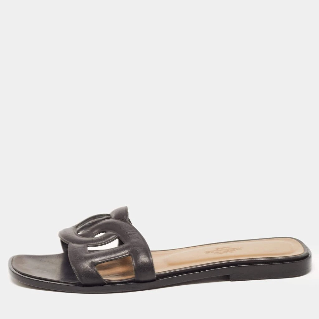 商品[二手商品] Hermes|Hermes Black Leather Aloha Flat Slides Size 36,价格¥3061,第1张图片