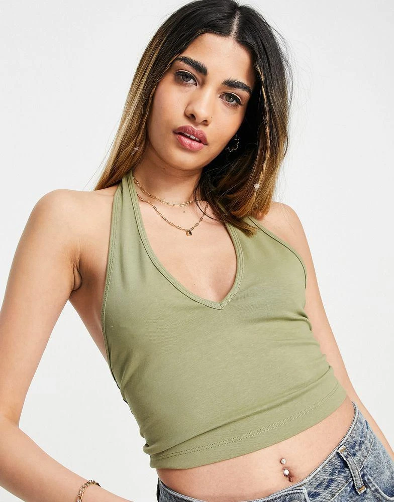 商品Echo Design|ASOS DESIGN halter neck crop top in khaki,价格¥69,第1张图片