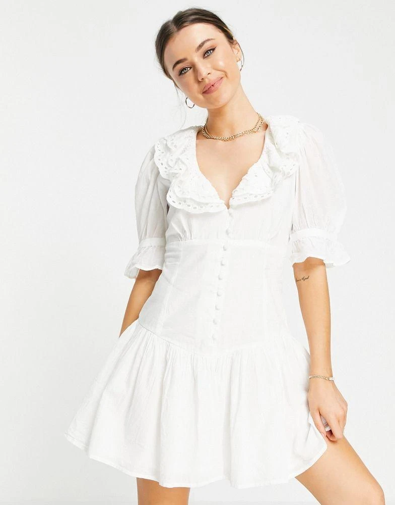 商品ASOS|ASOS DESIGN broderie trim button through mini tea dress in white,价格¥121,第1张图片