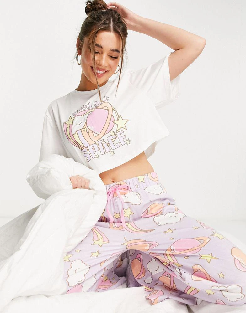 商品ASOS|ASOS DESIGN need more space cropped tee & wide leg trouser pyjama set in white & purple,价格¥169,第1张图片