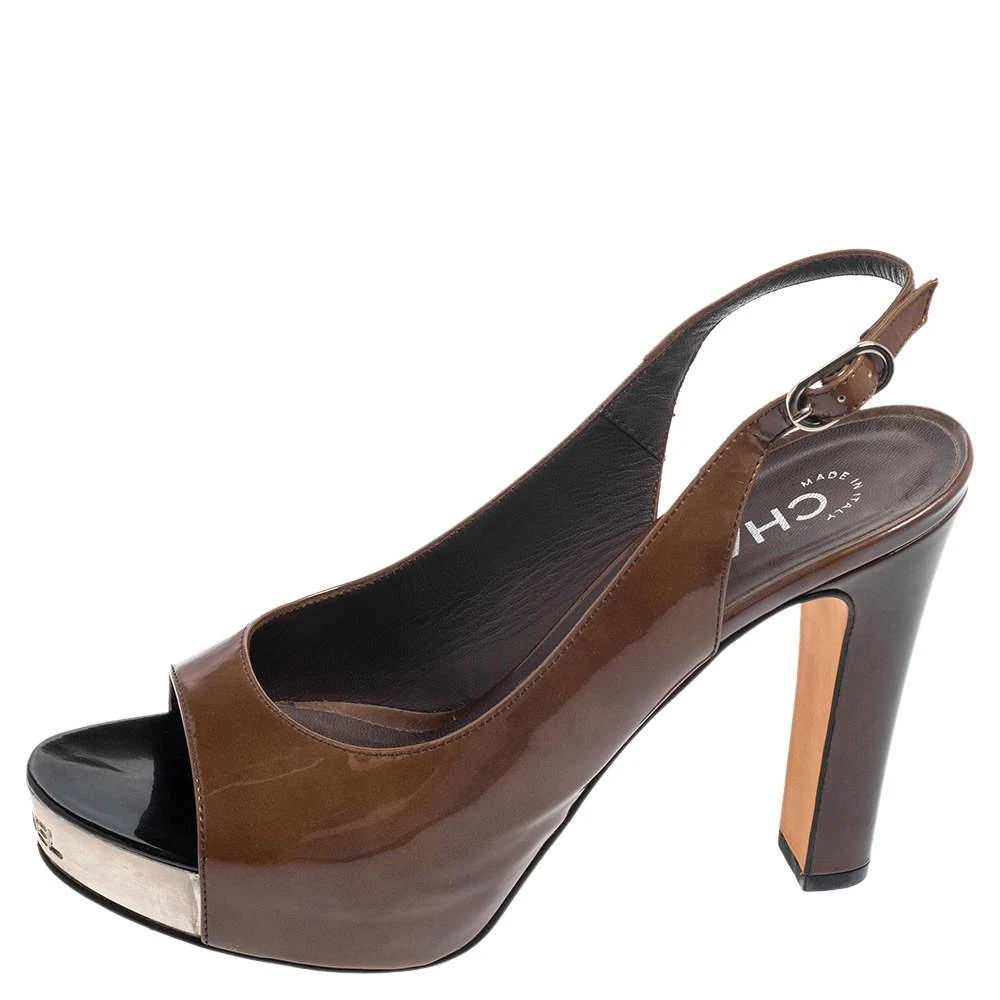 商品[二手商品] Chanel|Chanel Olive Green Patent Leather CC Slingback Platform Sandals Size 37.5,价格¥2452,第2张图片详细描述
