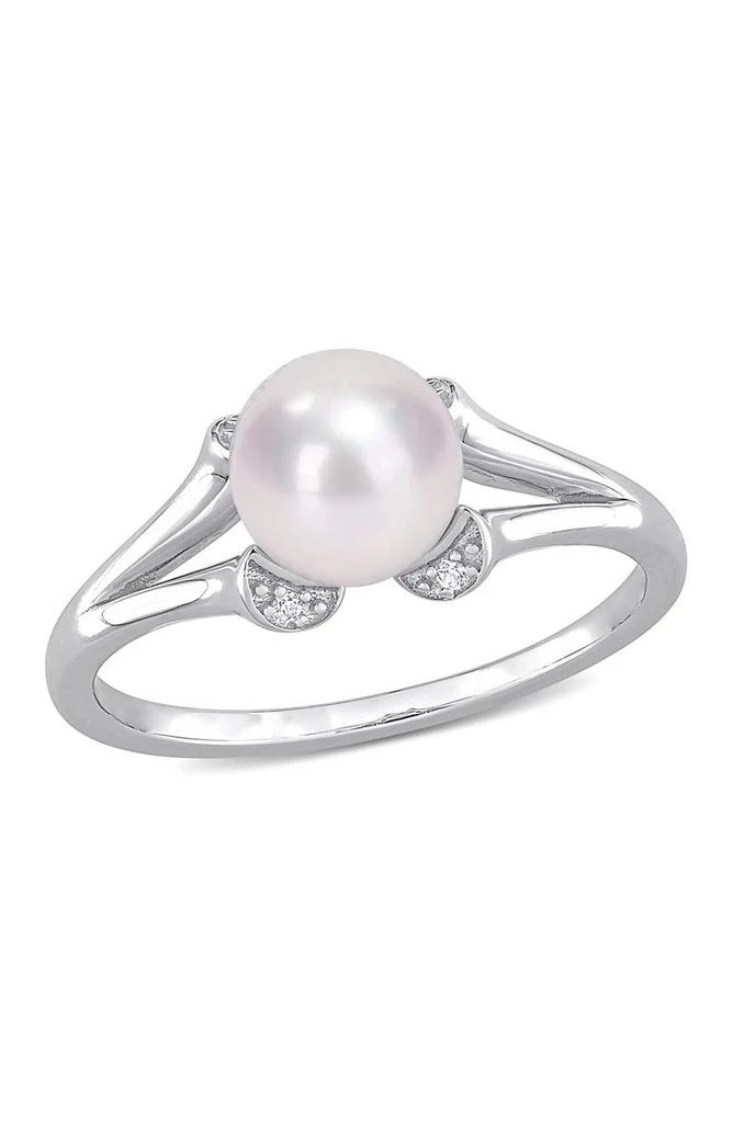 商品DELMAR|Sterling Silver Created White Sapphire & 7 - 7.5mm White Freshwater Cultured Pearl Split-Shank Ring,价格¥450,第1张图片