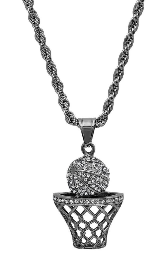 商品HMY JEWELRY|Stainless Steel Cubic Zirconia Basketball and Hoop Pendant Necklace,价格¥288,第1张图片