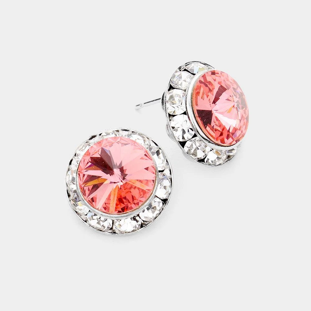 商品FASHNZFAB|Rivoli Cut Genuine Crystal Round Stud Earrings - Peach, Pink,价格¥204,第1张图片详细描述