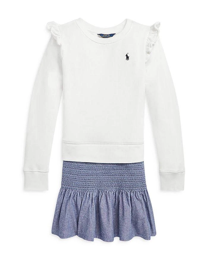 商品Ralph Lauren|Girls' Chambray & Fleece Sweatshirt Dress - Little Kid, Big Kid,价格¥361,第1张图片