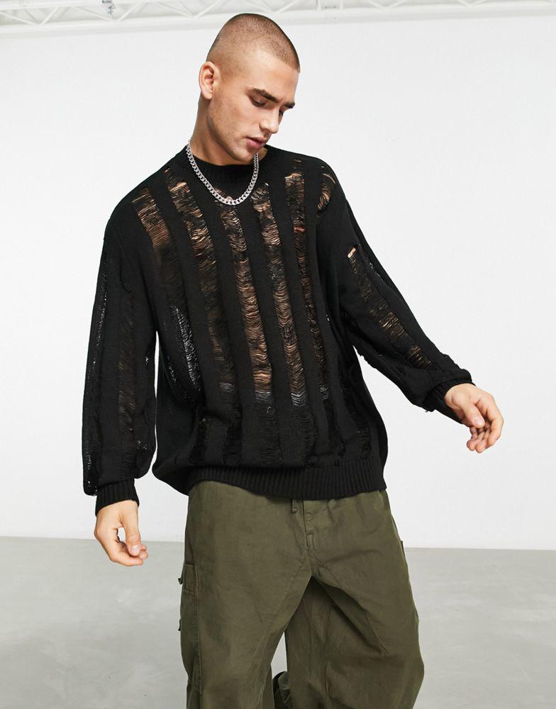 ASOS DESIGN oversized knitted jumper with laddering detail in black商品第1张图片规格展示