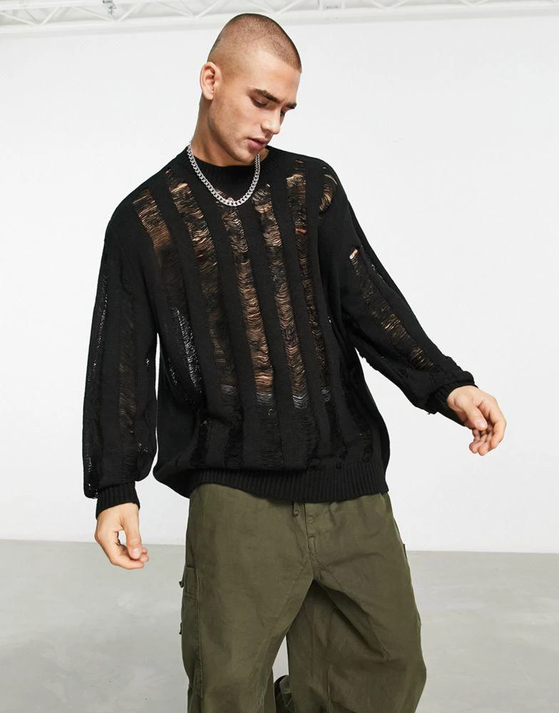 商品ASOS|ASOS DESIGN oversized knitted jumper with laddering detail in black,价格¥288,第1张图片