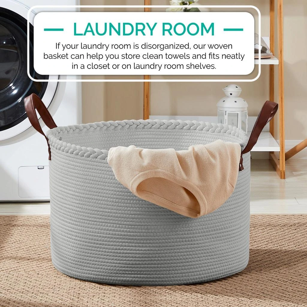 商品Ornavo Home|Extra Large Round Cotton Rope Storage Basket Laundry Hamper with Leather Handles,价格¥290,第3张图片详细描述