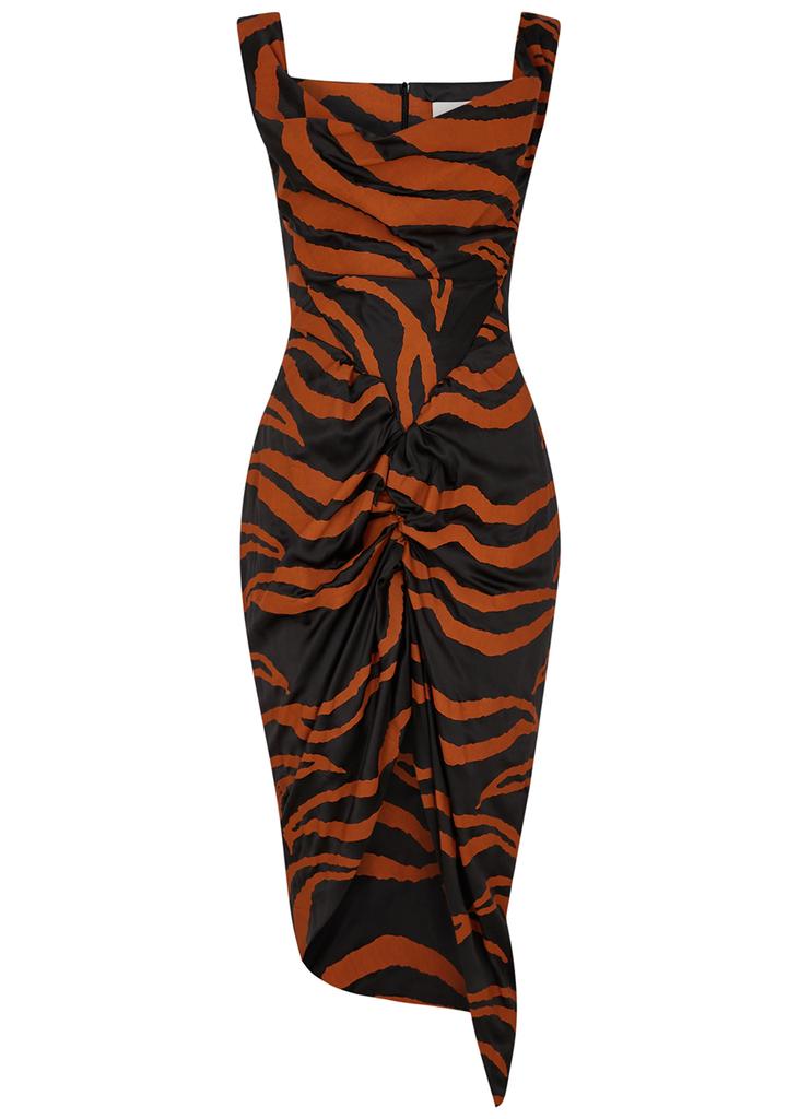 Tiger-print silk-blend satin midi dress商品第1张图片规格展示
