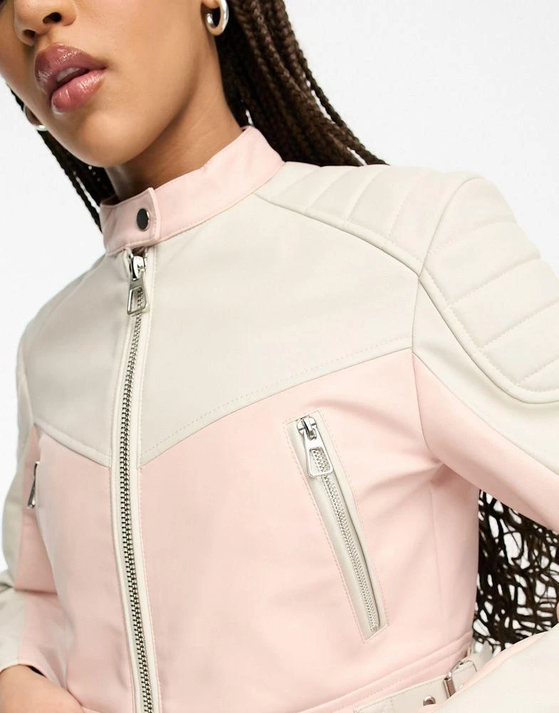 商品Stradivarius|Stradivarius motocross miami pink and white faux leather jacket,价格¥439,第2张图片详细描述