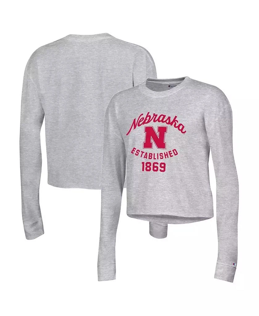 商品CHAMPION|Women's Gray Nebraska Huskers Boyfriend Cropped Long Sleeve T-shirt,价格¥265,第1张图片