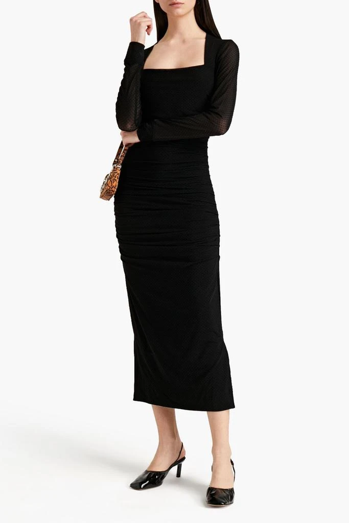 商品Ganni|Ruched flocked mesh midi dress,价格¥911,第2张图片详细描述