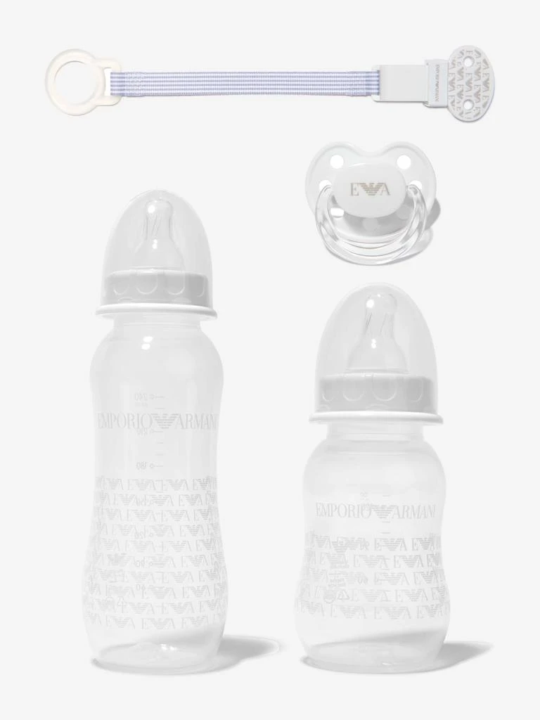 商品Emporio Armani|Emporio Armani White Baby Unisex Bottle And Pacifier Set (4 Piece),价格¥703,第1张图片