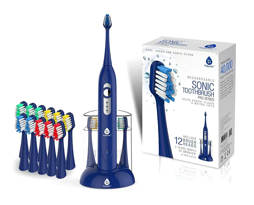 商品PURSONIC|SmartSeries Electronic Power Rechargeable Sonic Toothbrush with 40,000 Strokes Per Minute, 12 Brush Heads Included,BLUE,价格¥331,第1张图片
