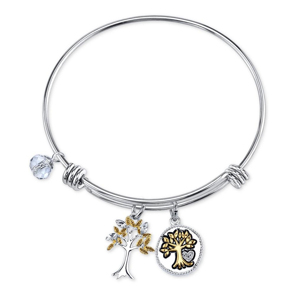 Two-Tone Family Tree Message Charm Bangle Bracelet in Stainless Steel with Silver Plated Charms商品第1张图片规格展示