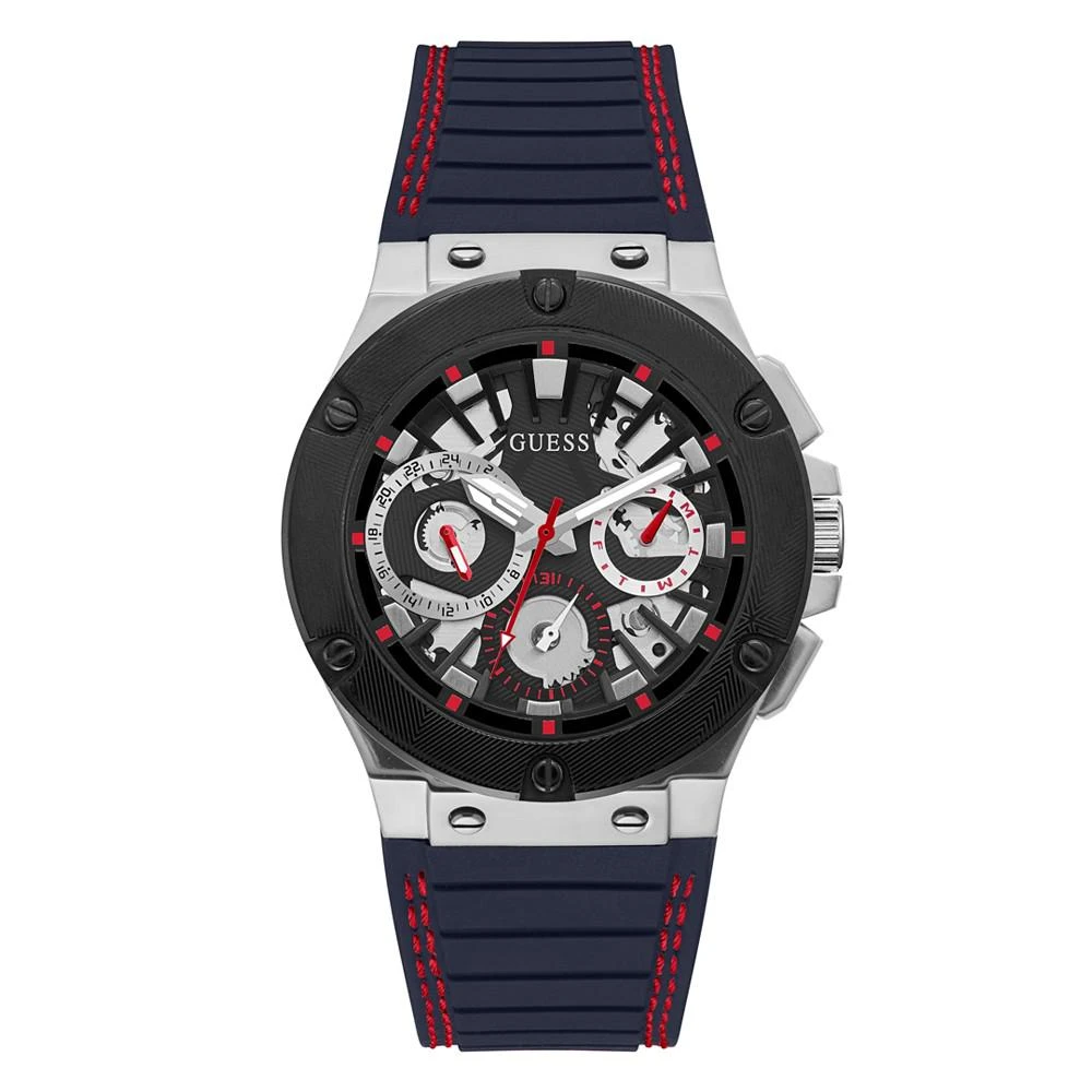 商品GUESS|Men's Silver-Tone Navy Silicone Strap, Multi-Function Watch, 44mm,价格¥842,第1张图片