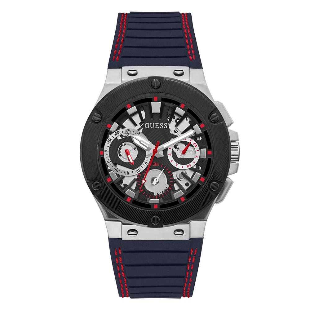 商品GUESS|Men's Silver-Tone Navy Silicone Strap, Multi-Function Watch, 44mm,价格¥1126,第1张图片